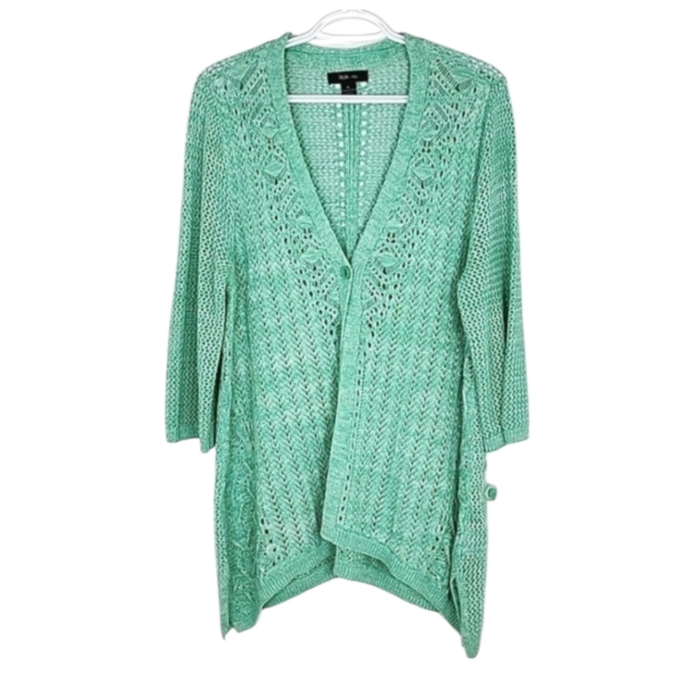 Style & Co. Women's Open Knit Crochet Cardigan Mint Long Sleeves XL